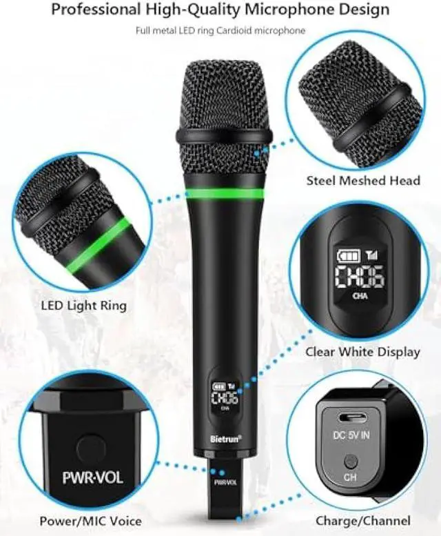 Alt view image 5 of 5 - Bietrun Rechargeable Wireless Microphone, Dual Metal Cordless Handheld Dynamic Wireless Mics with 1/4'' Output for Karaoke, Meeting, Singing, Church, Wedding(UHF 240ft Range)(Receiver with Bluetooth)