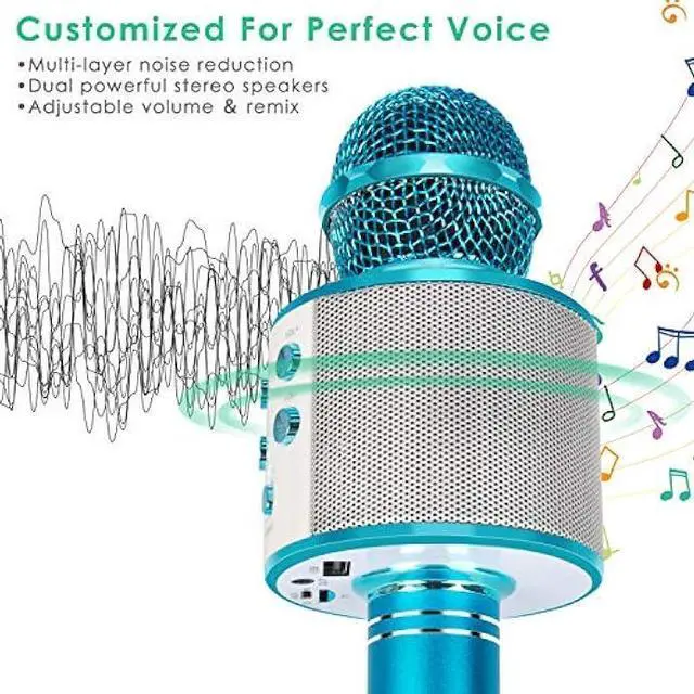 Alt view image 2 of 5 - KIDWILL Wireless Bluetooth Karaoke Microphone for Kids, 5-in-1 Portable Handheld Karaoke Mic Speaker Player Recorder with Adjustable Remix FM Radio for Kids Girls Boys Teens Birthday (858-Blue)