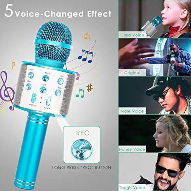 Alt view image 5 of 5 - KIDWILL Wireless Bluetooth Karaoke Microphone for Kids, 5-in-1 Portable Handheld Karaoke Mic Speaker Player Recorder with Adjustable Remix FM Radio for Kids Girls Boys Teens Birthday (858-Blue)