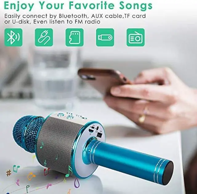 Alt view image 3 of 5 - KIDWILL Wireless Bluetooth Karaoke Microphone for Kids, 5-in-1 Portable Handheld Karaoke Mic Speaker Player Recorder with Adjustable Remix FM Radio for Kids Girls Boys Teens Birthday (858-Blue)