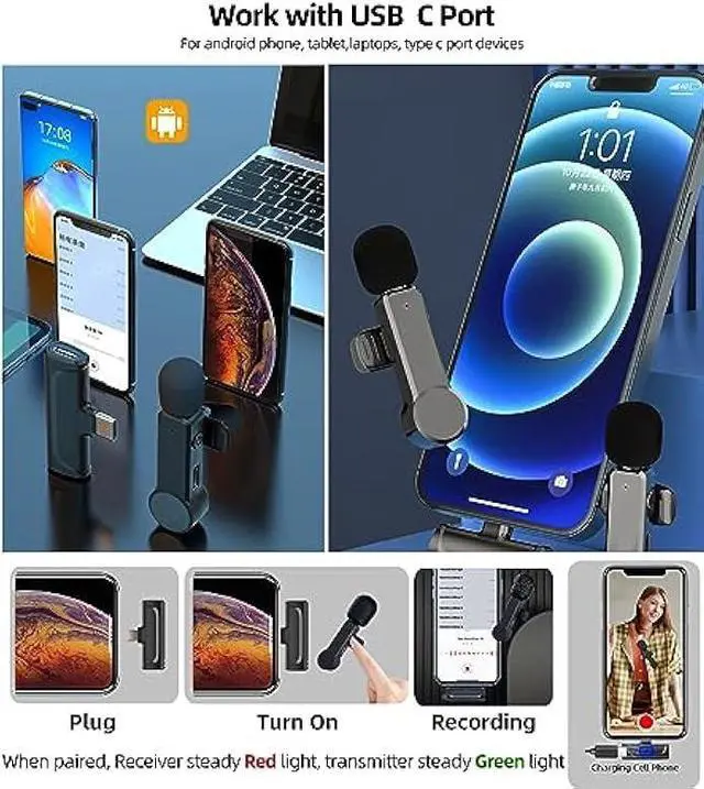 Alt view image 4 of 6 - 2 Pack Lavalier Microphone USB C Wireless Lav Mic for Android Phone Noise Canceling Mini Lapel Mic Type C for iPhone 15/16/17 Video Recording Vlog Tiktok