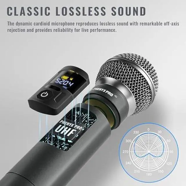 Alt view image 5 of 5 - Phenyx Pro Wireless Microphone System,Metal Wireless Mic Set w/Handheld/Bodypack/Headset/Lapel Mics,2 x 30 UHF Frequencies, 200 ft Range, Cordless Mic for Singing, Karaoke, Church (PTU-52-1H1B)