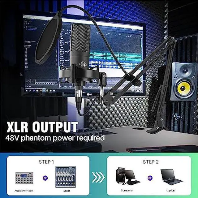 Alt view image 4 of 5 - Condenser Microphone XLR Professional Studio Recording Microphone Kit for PC Computer with Boom Arm,Cardioid XLR Podcast Microphone for Streaming,Gaming,Singing,Voice Over,ASMR,YouTube