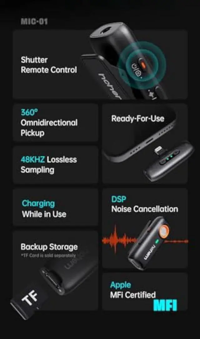 Alt view image 2 of 5 - hohem MIC-01 Wireless Lavalier Lapel Microphone for iPhone iOS, with Noise Cancellation,MFi Certified,Remote Contro,Built-in Storage,20H Battery Life, Wireless Microphone for Live Stream (2TX+1RX)