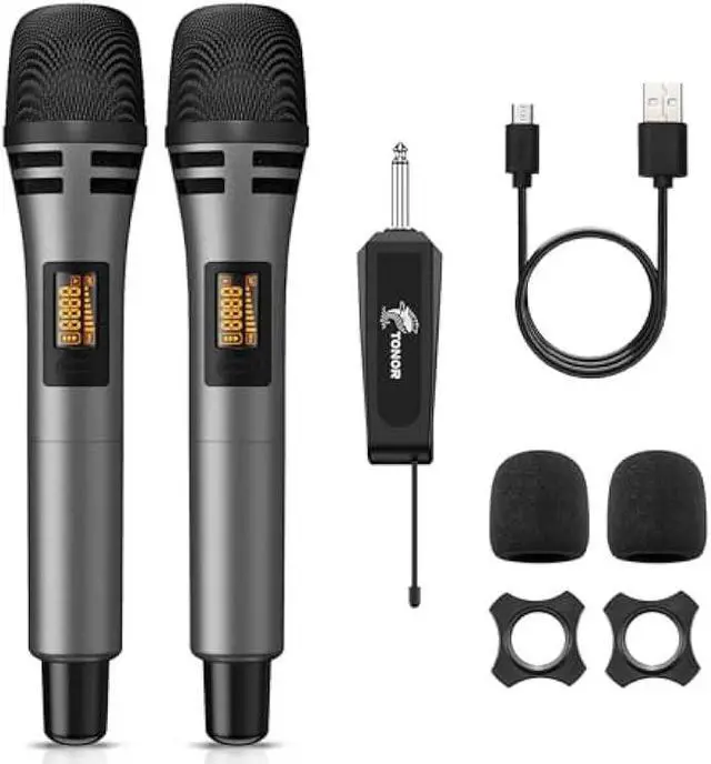 Main image of TONOR Wireless Microphones, UHF Dual Karaoke Microphone System, Microfonos Inalambricos with Rechargeable Receiver, Cordless Dynamic Mic Micro Set for Singing, Wedding, DJ, Party, Speech TW320 Grey