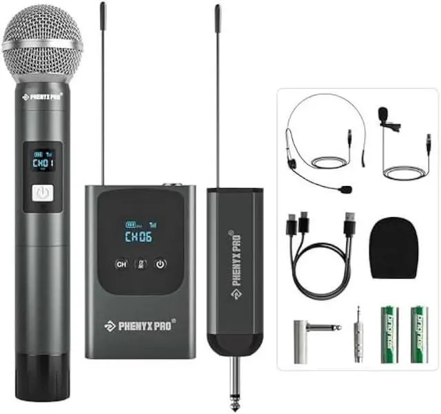Main image of Phenyx Pro Dual Digital Wireless Microphone System, w/Handheld Dynamic Microphone, Bodypack Transmitter, Mini Receiver, 2x15 UHF Frequencies, Headset/Lapel Mic for Singing (PDP-2-1H1B)