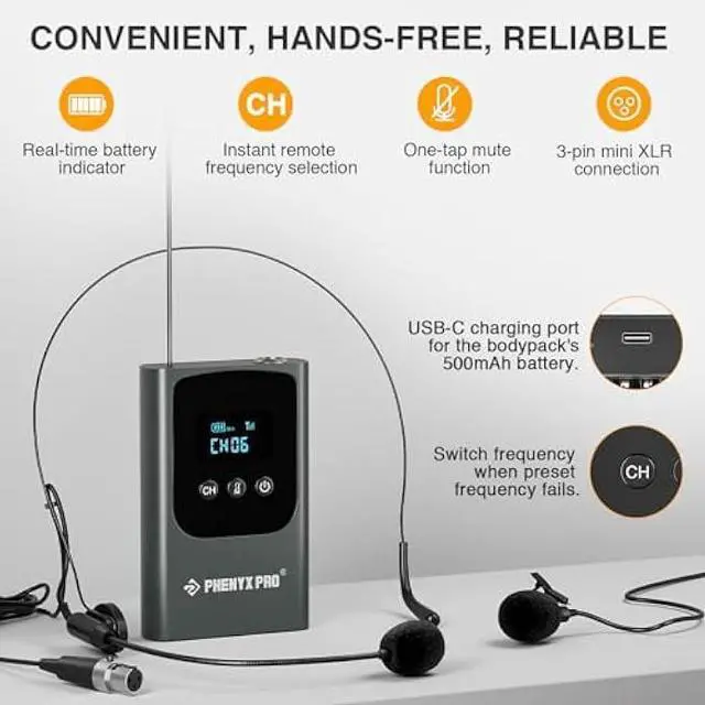 Alt view image 4 of 6 - Phenyx Pro Dual Digital Wireless Microphone System, w/Handheld Dynamic Microphone, Bodypack Transmitter, Mini Receiver, 2x15 UHF Frequencies, Headset/Lapel Mic for Singing (PDP-2-1H1B)