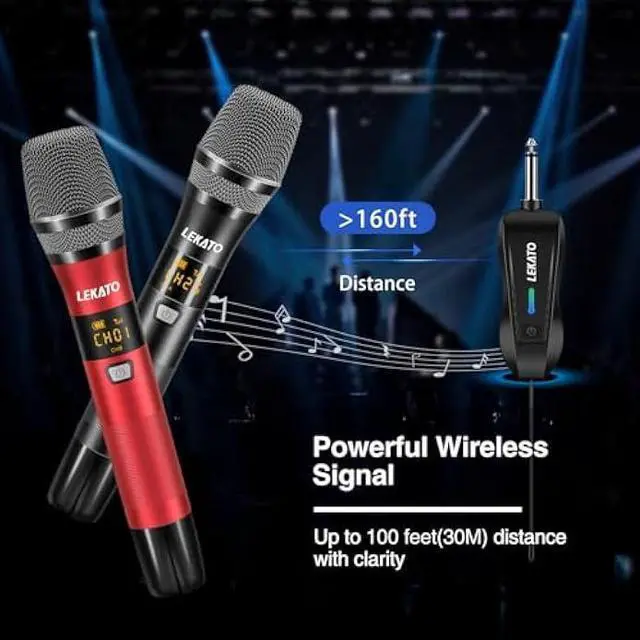 Alt view image 2 of 5 - LEKATO Wireless Microphone Rechargeable Wireless Microphones with Receiver Dual Handheld Microphone System Dynamic MIC for Singing, Speech, Wedding, Church,Speaker, PA System
