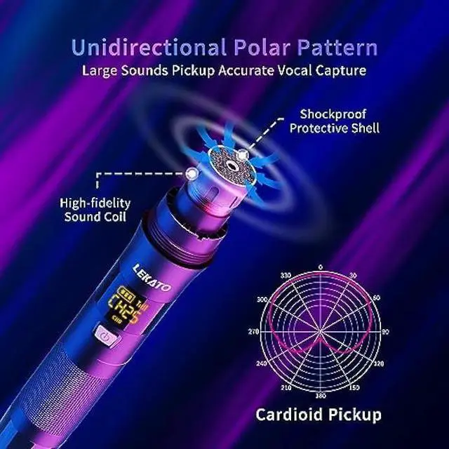 Alt view image 3 of 5 - LEKATO Wireless Microphone Rechargeable Wireless Microphones with Receiver Dual Handheld Microphone System Dynamic MIC for Singing, Speech, Wedding, Church,Speaker, PA System