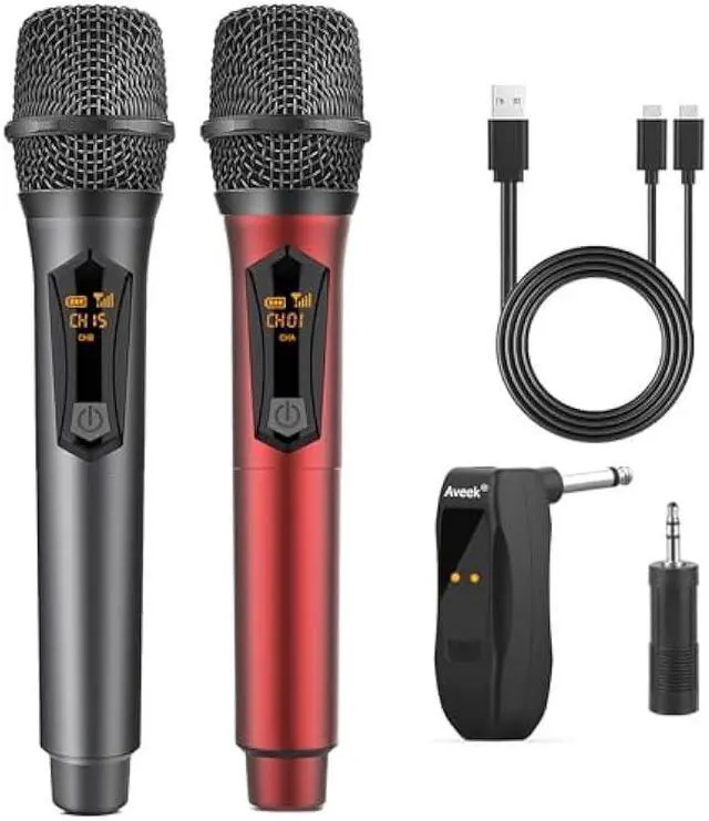 Main image of Aveek Wireless Microphone for Karaoke, 2.4GHz Rechargeable Karaoke Microphone(Work 10hs), for Speaker, Karaoke Machine,Church, Speech, Wedding, Party Singing, Grey&Red, 2 Packs