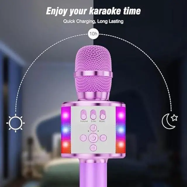 Alt view image 3 of 5 - BONAOK Karaoke Microphone for Kids & Adults - Bluetooth Microphones Singing Mic with Disco Lights, Echo Effect, Built-in Speaker Portable Karaoke Player for Party Travel Gifts Q78(Light Purple)