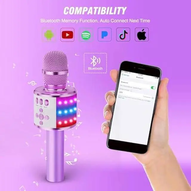 Alt view image 4 of 5 - BONAOK Karaoke Microphone for Kids & Adults - Bluetooth Microphones Singing Mic with Disco Lights, Echo Effect, Built-in Speaker Portable Karaoke Player for Party Travel Gifts Q78(Light Purple)