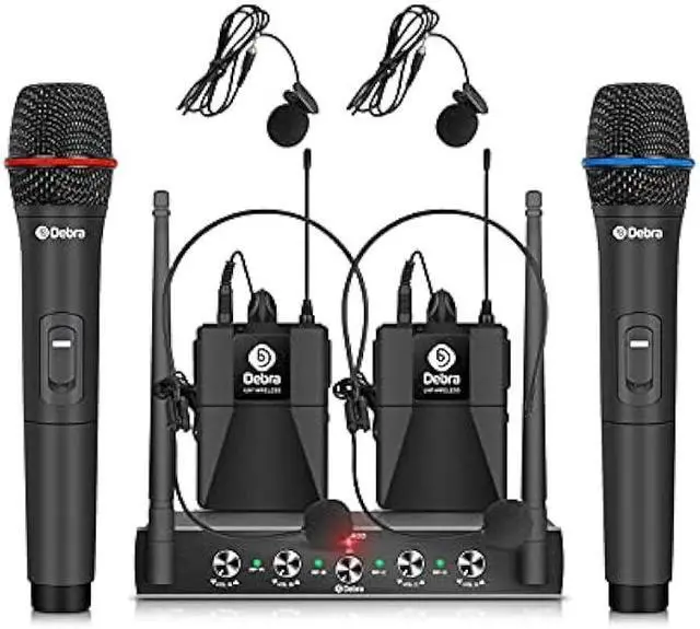 Main image of Debra Audio Pro UHF 4 Channel Wireless Microphone System with Cordless Handheld Lavalier Headset Mics, Metal Receiver, Ideal for Karaoke Church Party (with 2 Handheld & 2 Bodypack (B))