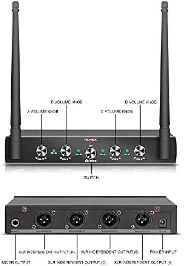 Alt view image 2 of 5 - Debra Audio Pro UHF 4 Channel Wireless Microphone System with Cordless Handheld Lavalier Headset Mics, Metal Receiver, Ideal for Karaoke Church Party (with 2 Handheld & 2 Bodypack (B))