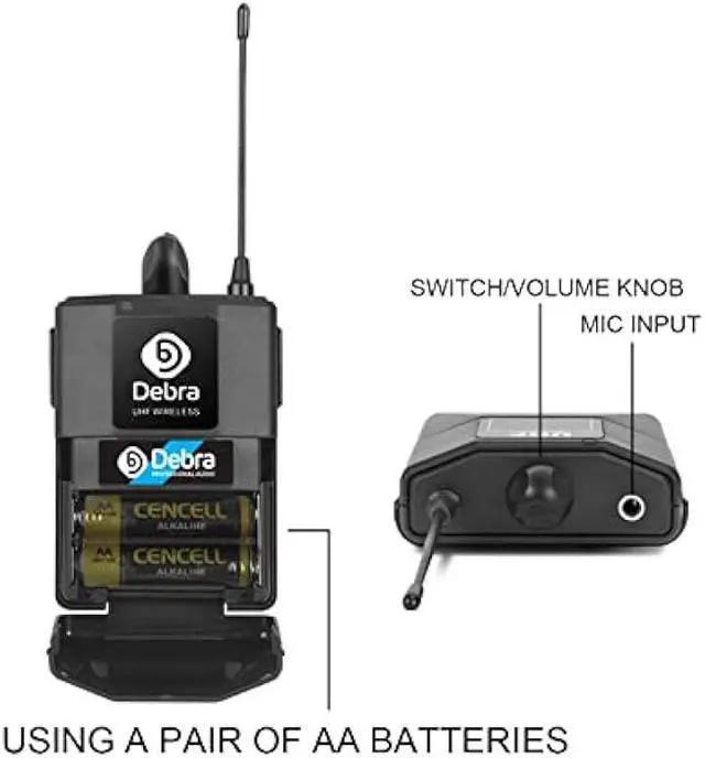 Alt view image 4 of 5 - Debra Audio Pro UHF 4 Channel Wireless Microphone System with Cordless Handheld Lavalier Headset Mics, Metal Receiver, Ideal for Karaoke Church Party (with 2 Handheld & 2 Bodypack (B))