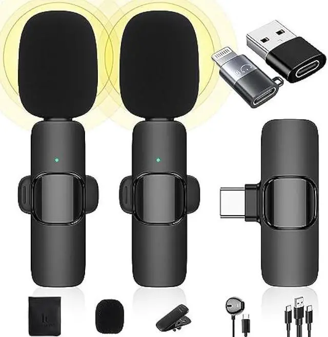 Main image of Wireless Lavalier Microphone Compatible with iPhone/iPad/Android Phone/Laptop, IUMAKEVP Plug-Play Lapel Clip-On Mic with Noise Reduction for Video Recording/Live Steam/Interview/TikTok/YouTube(2 Mics)