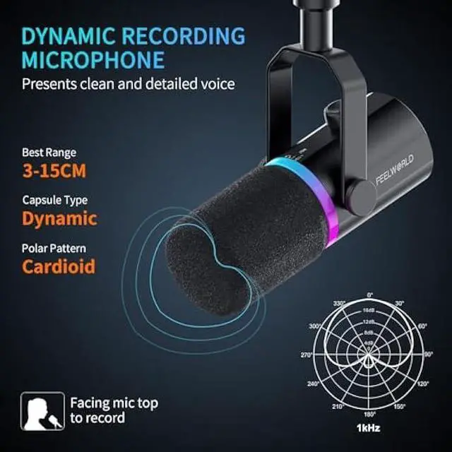 Alt view image 2 of 5 - FEELWORLD PM1 XLR USB Dynamic Microphone with Boom Arm Stand Gifts for Podcast Recording PC Computer Gaming Live Streaming Vocal Voice-Over, Studio Metal Mic, RGB Light, Mute Button, Headphones Jack