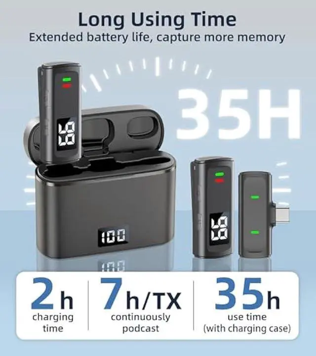 Alt view image 5 of 5 - Wireless Lavalier Microphone for iPhone USB C Lav Mic for iPhone 15 16 Android Phone Microphone Video Recording TikTok Vlog Noise Canceling Clip On Microphones with Charging Case 35H Battery Life