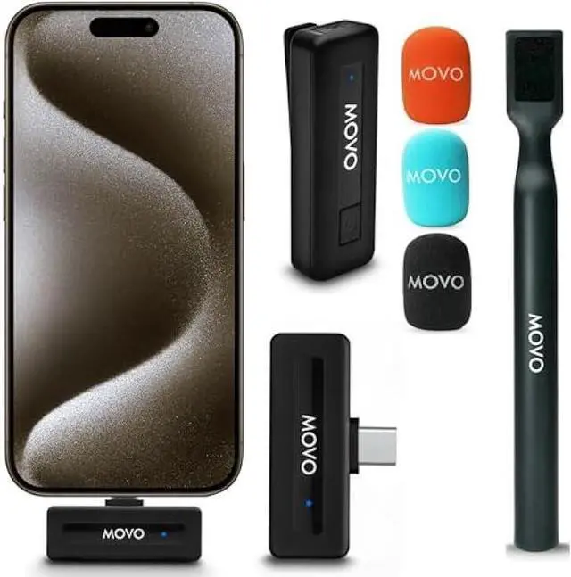 Main image of Movo Wireless Mini UC Ultra Compact Wireless Lavalier Microphone for iPhone 15/16/17 and up with WMX-HM Handheld Adapter - Lapel Mic with Handle Mount for Content Creators, Interviews, Reporting