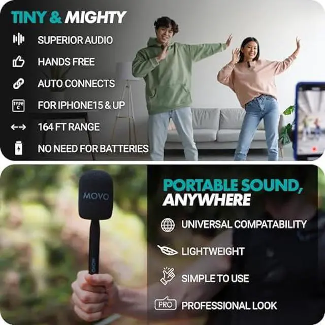 Alt view image 4 of 5 - Movo Wireless Mini UC Ultra Compact Wireless Lavalier Microphone for iPhone 15/16/17 and up with WMX-HM Handheld Adapter - Lapel Mic with Handle Mount for Content Creators, Interviews, Reporting