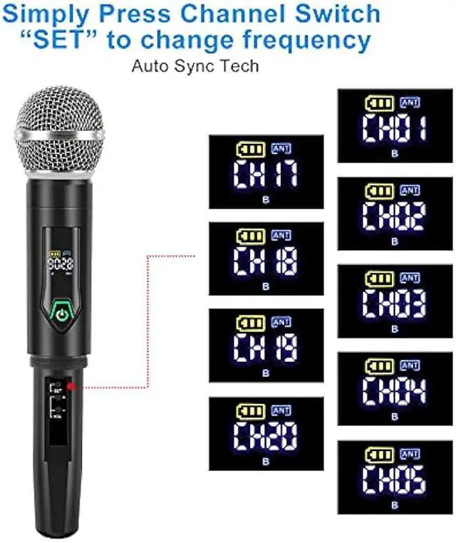 Alt view image 4 of 5 - Wireless Microphone System with case, Metal UHF Dual Handheld 20 Channels Professional Cordless Mic System for Church, DJ, Karaoke,Wedding, Home KTV Set