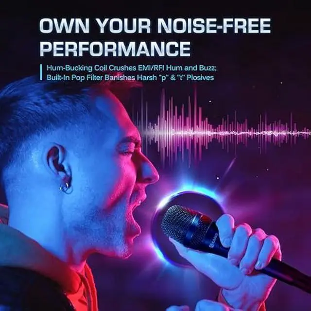 Alt view image 3 of 5 - CAROL AC-910S XLR Wired Vocal Microphone  Dynamic Cardioid Mic with AHNC Dual-Engine Noise Cancelling Tech for Singing, Karaoke, Stage & Studio, Includes Mic Clip, 14.8ft XLR Cable & On/Off Switch