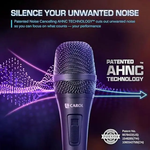 Alt view image 4 of 5 - CAROL AC-910S XLR Wired Vocal Microphone  Dynamic Cardioid Mic with AHNC Dual-Engine Noise Cancelling Tech for Singing, Karaoke, Stage & Studio, Includes Mic Clip, 14.8ft XLR Cable & On/Off Switch