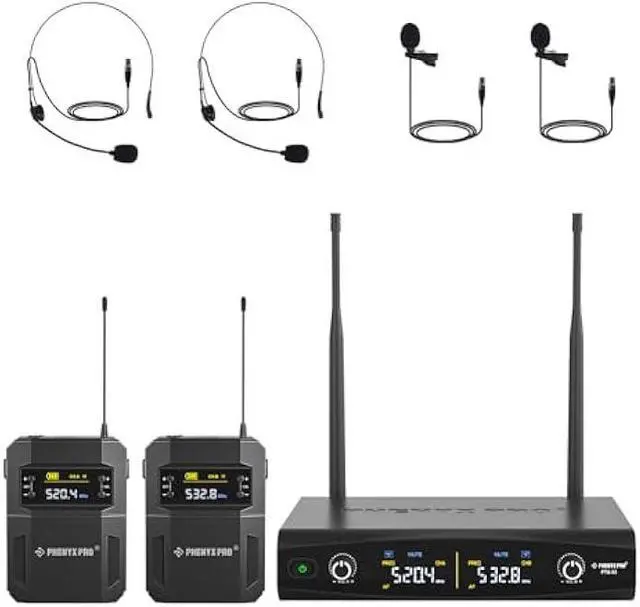 Main image of Phenyx Pro UHF Wireless Microphone System w/ 2x30 Tunable Frequencies, Metal Cordless Mic Set, 200 ft Range, 2 Bodypacks & Headsets/Lapel Mics for Speaking, Singing, Church, DJ (PTU-52-2B)