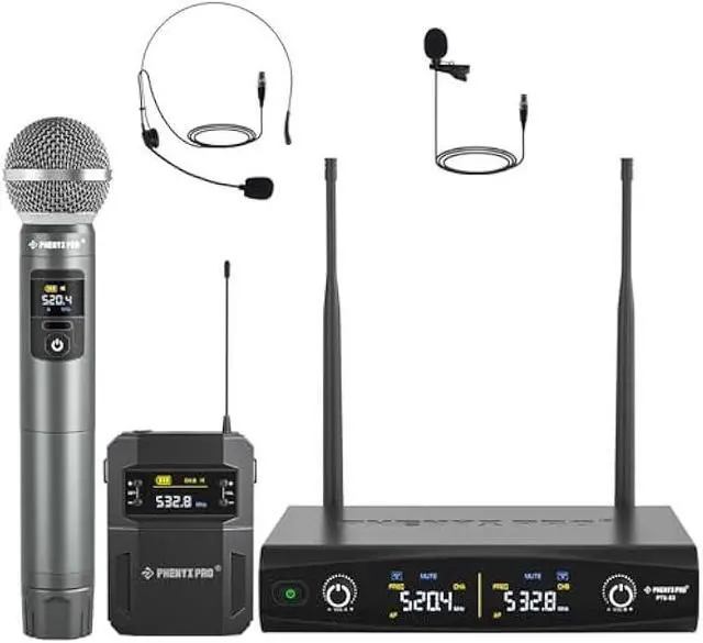 Main image of Phenyx Pro Wireless Microphone System,Metal Wireless Mic Set w/Handheld/Bodypack/Headset/Lapel Mics,2 x 30 UHF Frequencies, 200 ft Range, Cordless Mic for Singing, Karaoke, Church (PTU-52-1H1B)
