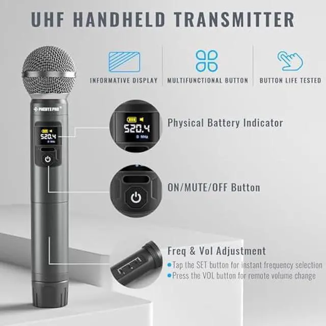 Alt view image 3 of 5 - Phenyx Pro Wireless Microphone System,Metal Wireless Mic Set w/Handheld/Bodypack/Headset/Lapel Mics,2 x 30 UHF Frequencies, 200 ft Range, Cordless Mic for Singing, Karaoke, Church (PTU-52-1H1B)