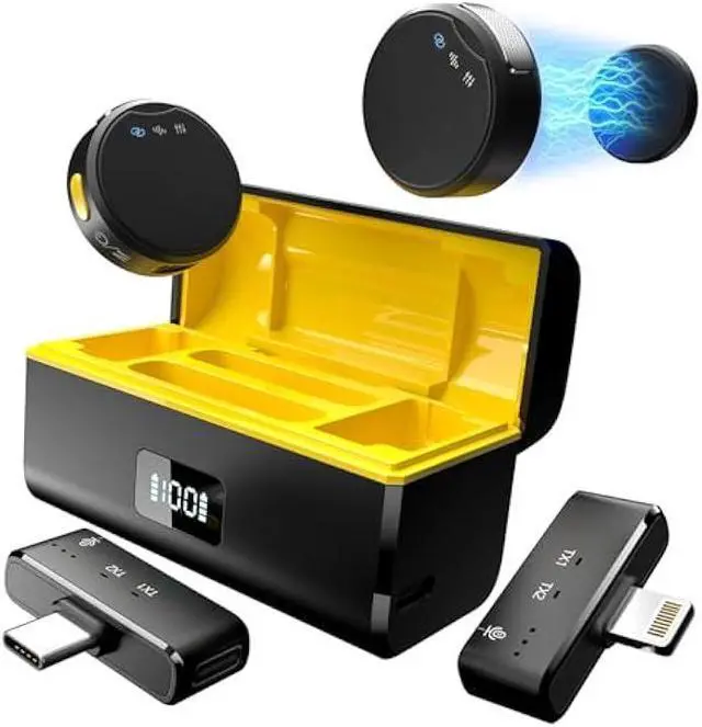 Main image of Rythflo Wireless Lavalier Microphone for iPhone/Android with Lightning/USB C(2 TX+2 RX+Charging Case), Mini Microphone with Noise Cancellation, 35H Battery, Clip on Lapel Mic for Video Recording Vlog