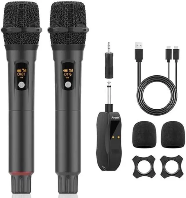 Main image of Aveek Wireless Microphone for Karaoke, Professional Handheld Microphone for Singing with Rechargeable Receiver, Cordless Karaoke Mic for Speaker, Pa System, Dj, Party, Speech(2pcs)