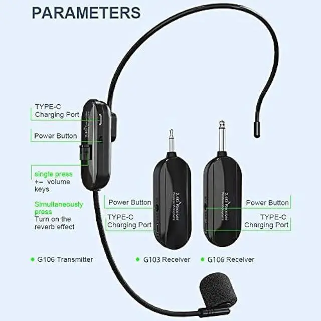 Alt view image 7 of 7 - Wireless Microphone Headset, 2.4GHz, 160ft Range, Dual Type-C Charging, 3D Stage Reverb Effects, Compatible with 6.35mm & 3.5mm Jacks