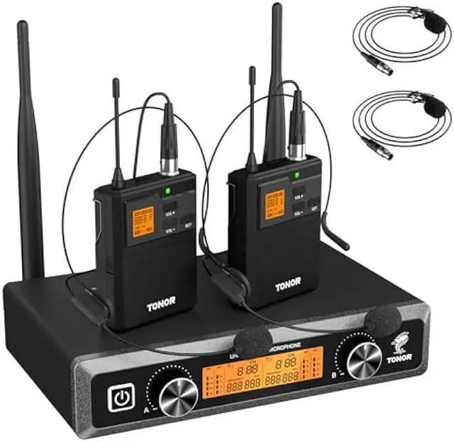 Main image of TONOR UHF Wireless Microphones System with Headset/Lavalier Lapel Mics, Bodypack Transmitter, Receiver, 2*15 Channels, 200ft Range for Live Singing Karaoke Church Party DJ PA Speaker Mixer Recording