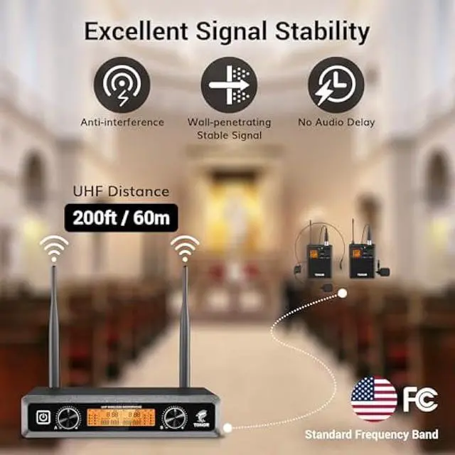 Alt view image 2 of 5 - TONOR UHF Wireless Microphones System with Headset/Lavalier Lapel Mics, Bodypack Transmitter, Receiver, 2*15 Channels, 200ft Range for Live Singing Karaoke Church Party DJ PA Speaker Mixer Recording
