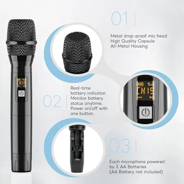 Alt view image 3 of 5 - Lococo Wireless Handheld Microphone Karaoke System: Professional UHF Metal Dual Cordless Dynamic Mic Set - Long Transmission Range 200ft with Receiver for Home KTV, DJ Party, Church, Wedding, Meeting
