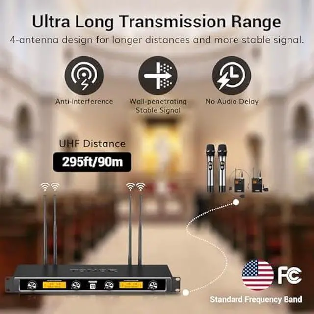 Alt view image 3 of 5 - TONOR UHF Wireless Microphones System with Metal Cordless Handheld/Headset/Lavalier Lapel Mics, Bodypack Transmitter, Receiver, 4*10 Channels 295ft Range for Singing Karaoke Church Party DJ PA Speaker