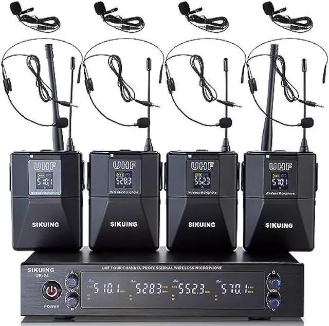 Main image of 4 Channel UHF Wireless Microphone System with Lavalier Headset Mics, 4x50 Adjustable Frequencies, Ideal for Karaoke Meeting Church, 300ft Range (4 Bodypack)