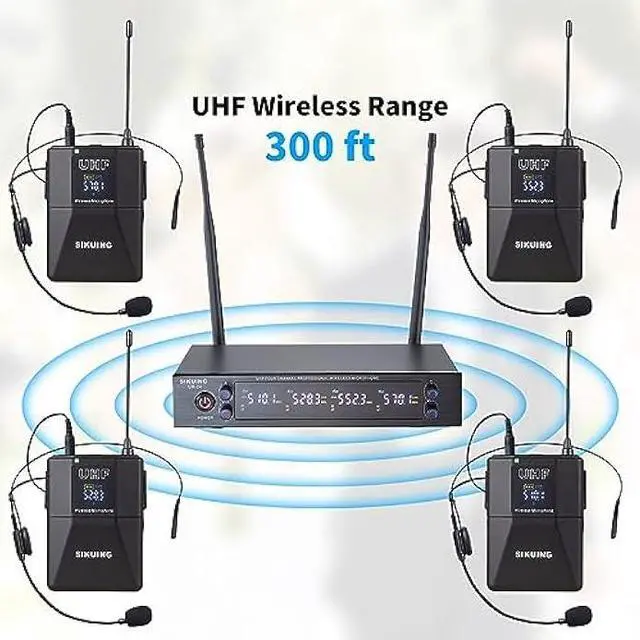 Alt view image 5 of 5 - 4 Channel UHF Wireless Microphone System with Lavalier Headset Mics, 4x50 Adjustable Frequencies, Ideal for Karaoke Meeting Church, 300ft Range (4 Bodypack)