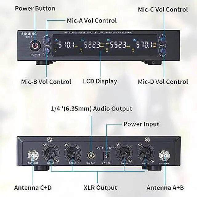 Alt view image 2 of 5 - 4 Channel UHF Wireless Microphone System with Lavalier Headset Mics, 4x50 Adjustable Frequencies, Ideal for Karaoke Meeting Church, 300ft Range (4 Bodypack)