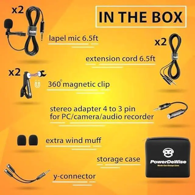 Alt view image 5 of 6 - PowerDeWise Professional Grade 2 Lavalier Clip-On Microphones Set for Dual Interview - Double Lav Lapel Microphone - Use for iPhone Phone Camera - Blogging Video Recording Noise Cancelling 3.5mm Mic