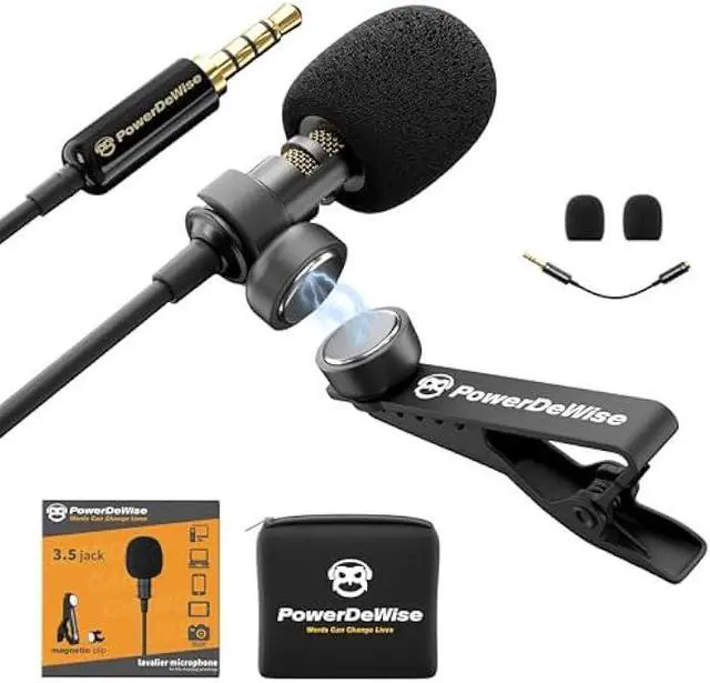 Main image of PowerDeWise Professional Grade Lavalier Clip On Microphone - Lav Mic for Camera Phone iPhone GoPro Video Recording ASMR - Small Noise Cancelling 3.5mm Tiny Shirt Microphone with Easy Clip On System