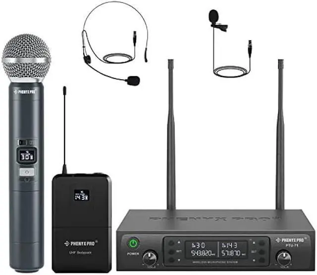 Main image of Phenyx Pro Wireless Microphone System, Dual Mic Set with Handheld/Bodypack/Lapel Mics,Auto Scan, 2x100 UHF Frequencies,328ft Range,Cordless Microphone for Singing, Karaoke, Church(PTU-71-1H1B)