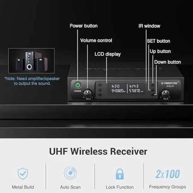 Alt view image 3 of 5 - Phenyx Pro Wireless Microphone System, Dual Mic Set with Handheld/Bodypack/Lapel Mics,Auto Scan, 2x100 UHF Frequencies,328ft Range,Cordless Microphone for Singing, Karaoke, Church(PTU-71-1H1B)