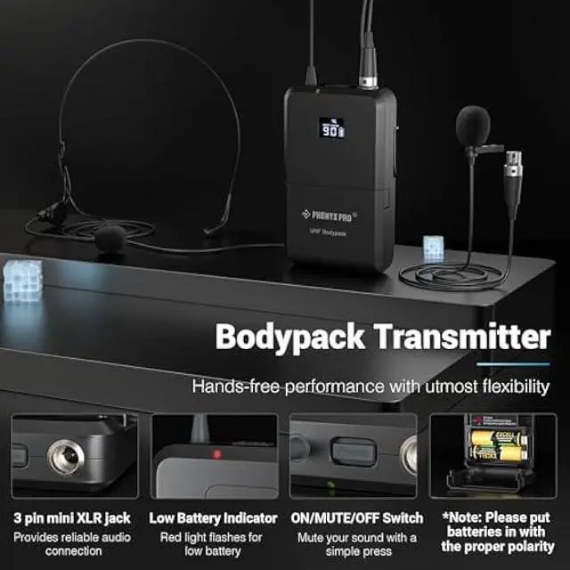 Alt view image 5 of 5 - Phenyx Pro Wireless Microphone System, Dual Mic Set with Handheld/Bodypack/Lapel Mics,Auto Scan, 2x100 UHF Frequencies,328ft Range,Cordless Microphone for Singing, Karaoke, Church(PTU-71-1H1B)