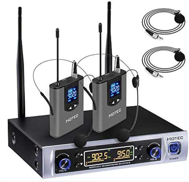 Main image of HOTEC UHF Wireless Microphone System with Dual Lapel/Lavalier and Headset Microphones Over PA, Mixer, Speaker, Karaoke Machine for Church, Training, Classroom, Interview (H-K25)