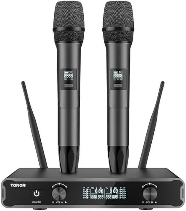 Main image of TONOR Dual Wireless Microphone Systems, UHF Cordless Karaoke Microfono Set, Metal Handheld Dynamic Mic 200ft for Singing with Receiver for Karaoke, DJ Party, Church, Wedding, Speech, PA TW450 Grey
