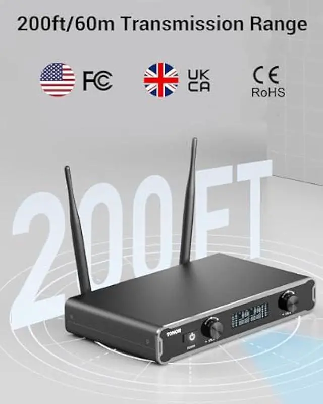 Alt view image 3 of 5 - TONOR Dual Wireless Microphone Systems, UHF Cordless Karaoke Microfono Set, Metal Handheld Dynamic Mic 200ft for Singing with Receiver for Karaoke, DJ Party, Church, Wedding, Speech, PA TW450 Grey