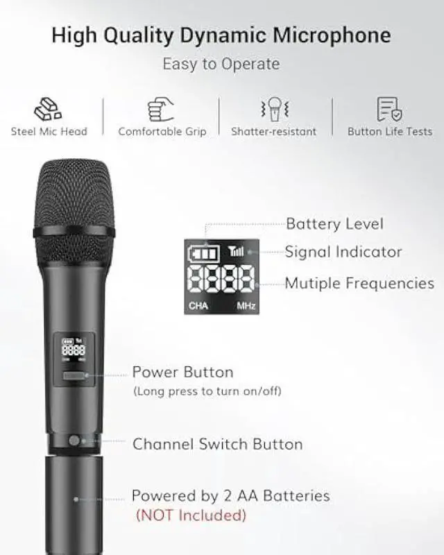 Alt view image 4 of 5 - TONOR Dual Wireless Microphone Systems, UHF Cordless Karaoke Microfono Set, Metal Handheld Dynamic Mic 200ft for Singing with Receiver for Karaoke, DJ Party, Church, Wedding, Speech, PA TW450 Grey
