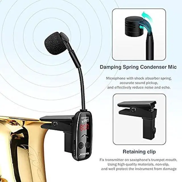 Alt view image 2 of 5 - XIAOKOA UHF Wireless Instruments Microphone,Saxophone Microphone,Wireless Receiver and Transmitter,164ft Range,Plug and Play,Great for Trumpets, Clarinet, Cello
